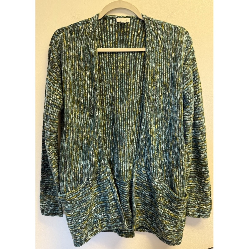 J Jill Open Cardigan Multicolor Pockets Cozy Art Teacher Boho Coastal Granny